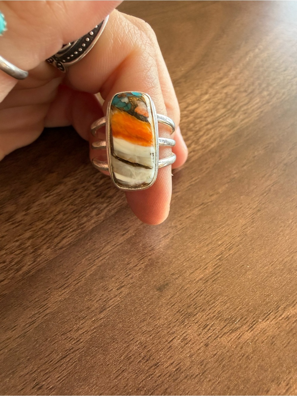 Sterling Silver Multistone Orange & White Inlay Statement Ring